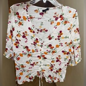 Floral Ruched Women's Top - White with Autumnal Flowers